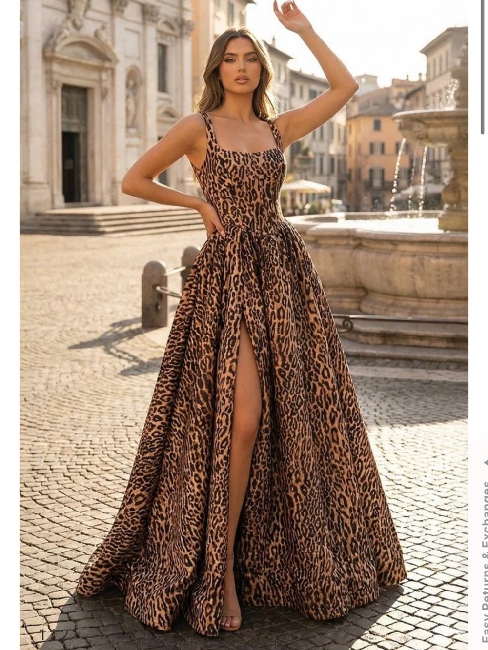 Kissprom Leopard Square Neck Satin A Line Long Prom dress - evening gown